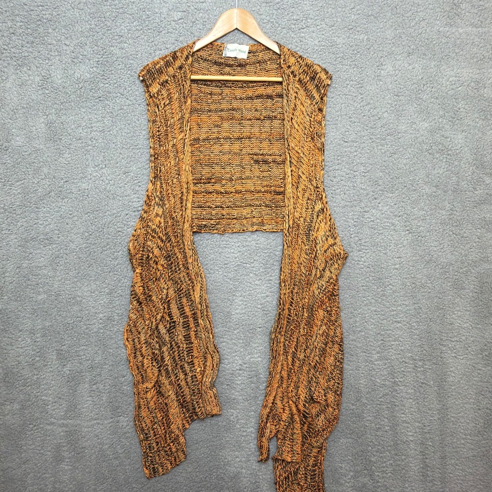 VTG Dragon Carole Wang XL Shrug 100% Bamboo USA Sleeveless Knit Orange Black Tan